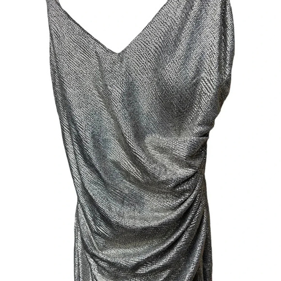 Betsy & Adam Dress Silver Size 8 Metallic Ruched Bling Gown With Leg Slit - Picture 3 of 4